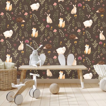 Hnedá tapeta - zvieratká na tajomnej lúke - pre deti