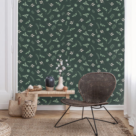 Tmavozelená severská tapeta s malými listami, jemnými vetvičkami, vzdušnými rastlinami