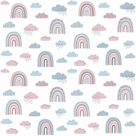 Biela tapeta s dúhou a pastelovými ružovo-modrými mrakmi, štýl boho, pre deti