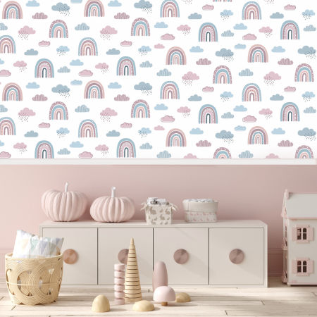 Biela tapeta s dúhou a pastelovými ružovo-modrými mrakmi, štýl boho, pre deti