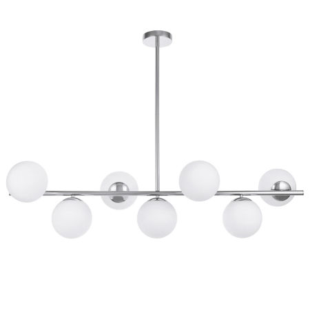 Dizajnová horizontálna závesná lampa FREDICA W7, chrómovaná s bielymi guľovými tienidlami