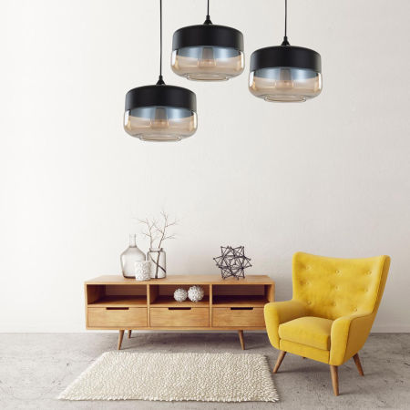 Čierna závesná lampa BARLET v industriálnom štýle, kovové tienidlo so sklom v tvare valca