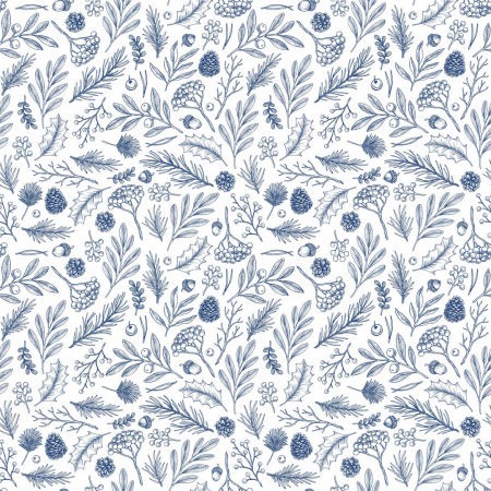 Moderná biela a granátovomodrá tapeta s motívom lesných listov a šišiek