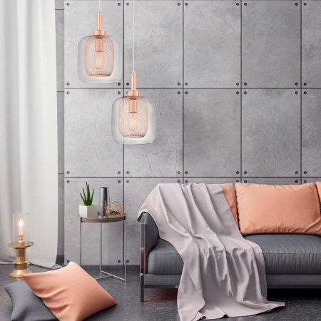 Trendová moderná závesná lampa, svietidlo na zvise, BESSA MEĎ / RUŽOVÉ ZLATO, kovová sieťka, priehľadné sklo