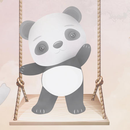 Béžová detská fototapeta, veselé zvieratká na hojdačke, slon, panda, žirafa, medvedík