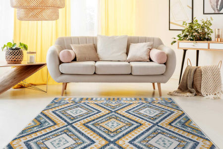 Aztécky, etno, boho koberec s farebnými, žltými a tmavomodrými diamantmi, do obývačky a do exteriéru