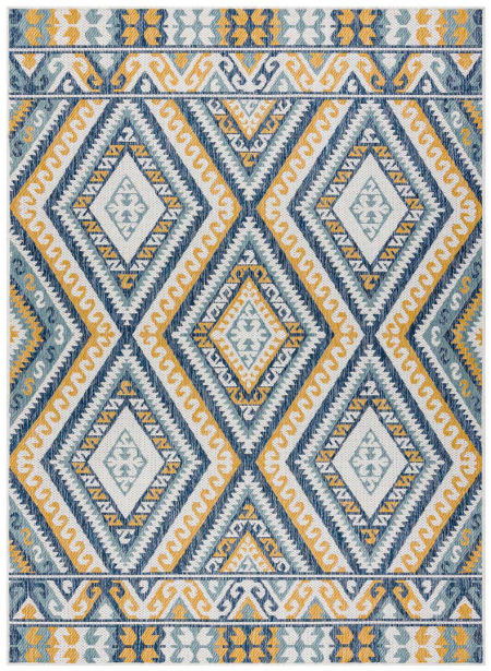 Aztécky, etno, boho koberec s farebnými, žltými a tmavomodrými diamantmi, do obývačky a do exteriéru