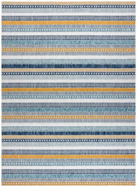 Žlto-modrý pruhovaný koberec, šnúrkový, boho, etno, škandinávsky