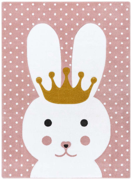 Ružový koberec pre dievčatko, s králikom a bodkami, svetlý pastelový vzor