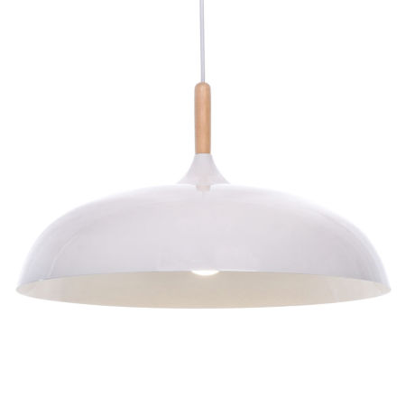Biela moderná závesná lampa VERSI škandinávskeho štýlu, široké tienidlo, kov a drevo