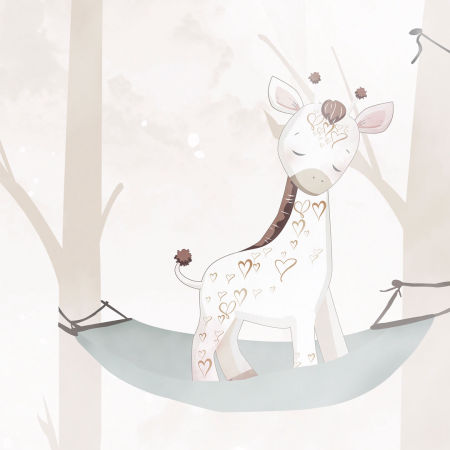 Pastelová detská fototapeta LESNÝ SEN, zvieratá v lese na hojdacích sieťach, žirafa, slon, medvedík, panda