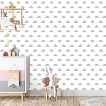Biela tapeta so sivými oblakmi na stenu do detskej izby