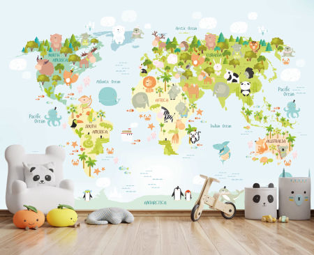 Tapeta mapa sveta – detská, so zvieratami, na stenu