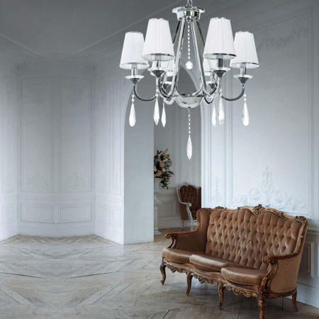 Šesťramenný strieborný krištáľový luster MILESIA na reťazi, biele tienidlá