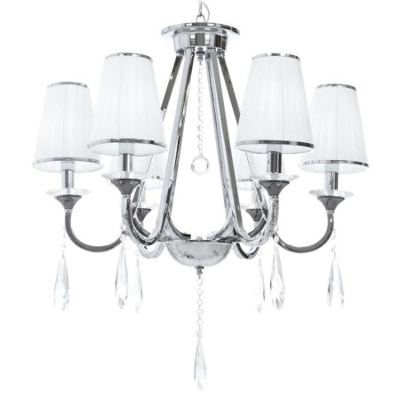 Šesťramenný strieborný krištáľový luster MILESIA na reťazi, biele tienidlá