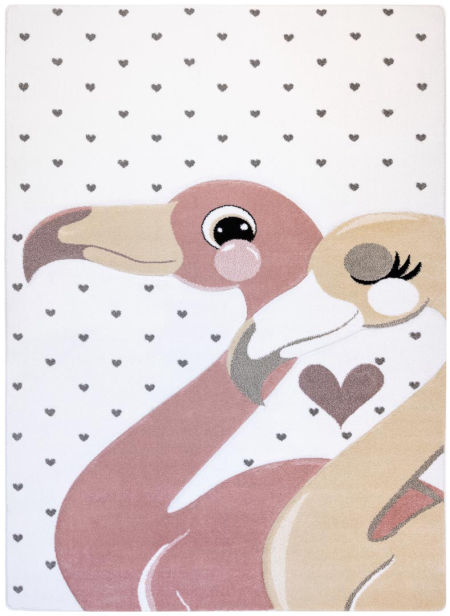 Koberec plameniaky a srdcia, biely-ružový-krémový-sivý, detský, dievčenský - PETIT FLAMINGOS