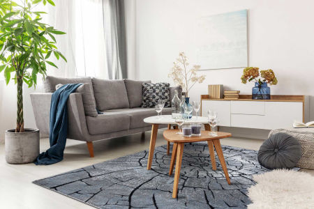 Škandinávsky tmavý sivý koberec STROM s prírodným motívom – prierez kmeňom stromu