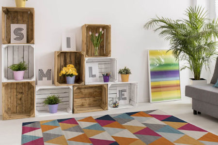 Moderný geometrický mládežnícky koberec Forest Stream 06 s farebnými trojuholníkmi