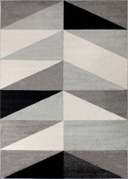 Moderný vlnený koberec Crazy Style 13 s geometrickým vzorom s čiernymi a sivými trojuholníkmi
