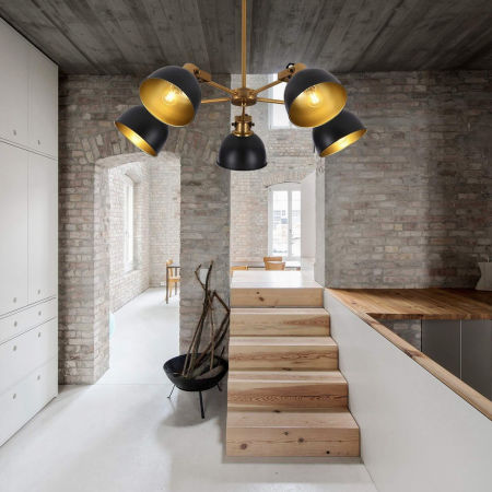 Päťramenné loftové závesné svietidlo BELMONTI W5 s čierno-zlatými kovovými tienidlami