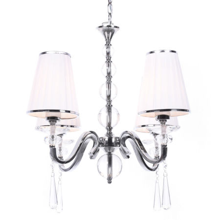 Luster FEDERRICA W4 s krištáľovými ovesmi, biele štvorité tienidlá, strieborné chrómované ramená