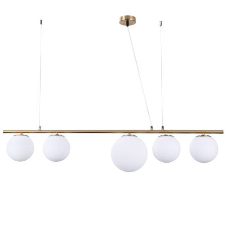 Viacbodové závesné svietidlo BARISTICA W5, lampa na lište vo farbe mosadze s bielymi guľami