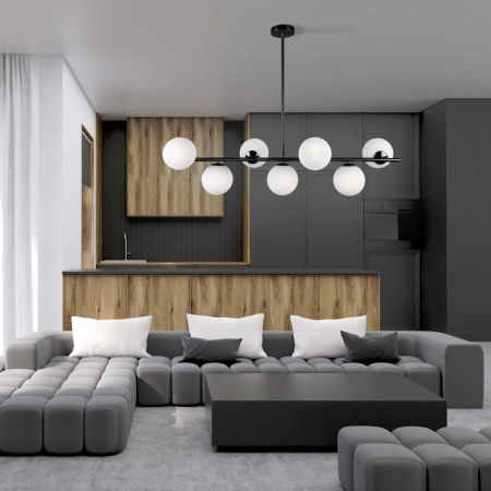 Štýlová čierna závesná lampa FREDICA W7, horizontálna, biele sklenené tienidlá