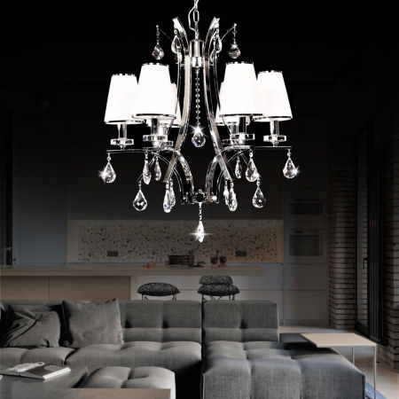 Závesný luster GLAMOUR W6 s krištáľovými ovesmi, biele tienidlá z textílie