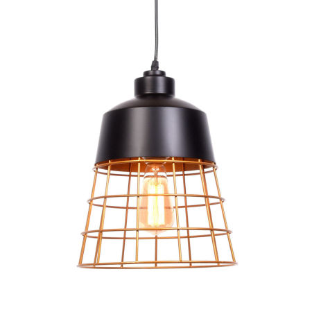 Čierna, drôtená závesná lampa BAGSY so zlatou mriežkou