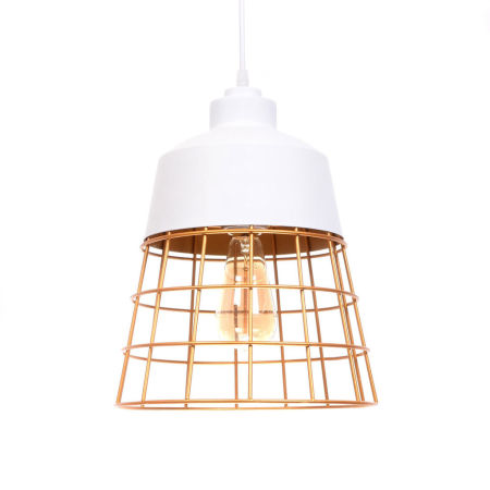 Biela, industriálna, drôtená závesná lampa BAGSY so zlatou mriežkou
