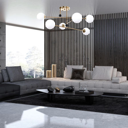 Moderná závesná lampa vo farbe mosadze BERSAGO W6 s guľovými tienidlami