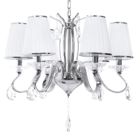 Šesťramenný krištáľový luster FINEZZIA s bielymi tienidlami, na reťazi