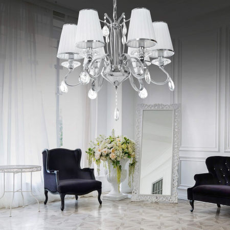 Šesťramenný krištáľový luster FINEZZIA s bielymi tienidlami, na reťazi