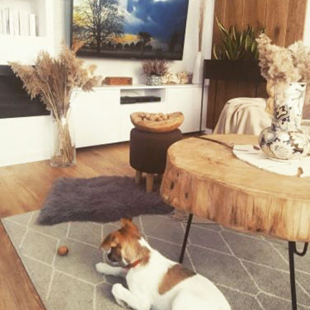 Hnedý puf, drevený stolček s klasickým jednoduchým jednofarebným poťahom