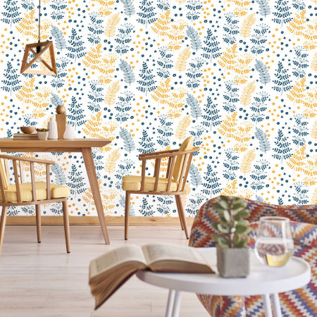 Biela tapeta s nordickým vzorom s granátovými (tmavomodrými) a oranžovými kvetmi a rastlinami