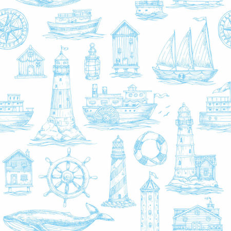 Svetlá tapeta s morským, námorníckym motívom, majáky a lode, biela a modrá