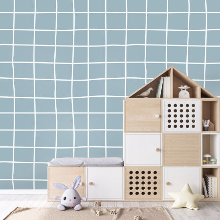 Moderná modro-biela tapeta s krivou štvorcovou sieťou