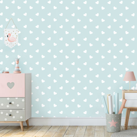 Štýlová mätová tapeta do detskej izby s bielymi srdiečkami veľkosti 5 cm