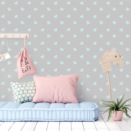 Dekoratívne tapeta so sivými srdiečkami veľkosti 5 cm, farba mäty, detská