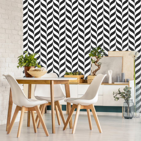 Tapeta - čierno-biela rybia kosť tvorená vzorom lístkov, zebra v modernom štýle