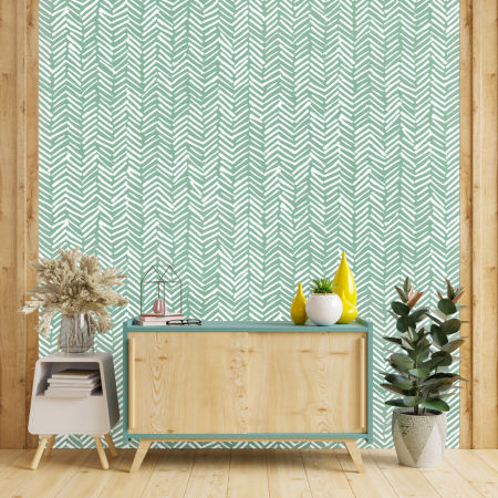 Zelená tapeta na stenu s bielymi čiarami, vzor rybej kosti, štýl boho