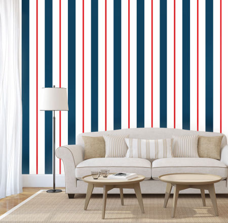 Granátovo-bielo-červená námorná tapeta na stenu s vertikálnymi pruhmi, dekoratívna, námornícka