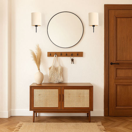 Svetlá krémová nástenná lampa v boho štýle s valcovým ľanovým tienidlom - BOHO