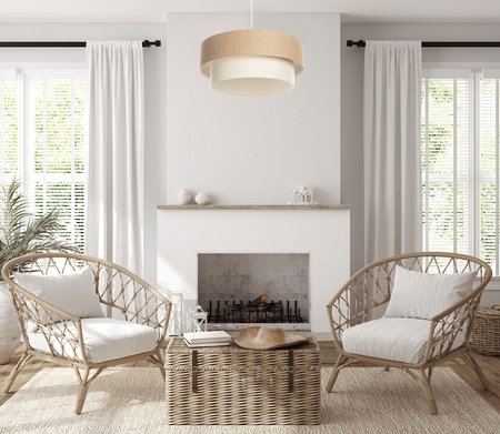 Závesná BOHO lampa z juty s dvojitým béžovým a krémovým jutovým a ľanovým tienidlom