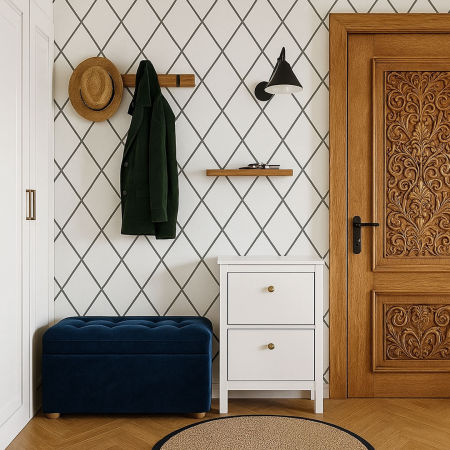 Loftová biela tapeta so sivým, grafitovým vzorom SIEŤ, kosoštvorce, obrysy