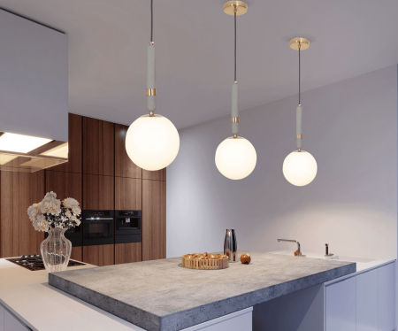 Moderná závesná lampa GRANINO D20 farba mosadze, guľové tienidlo, betónový držiak