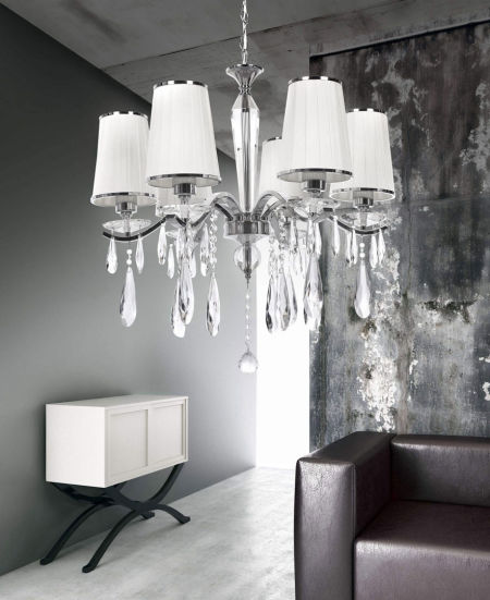 Moderný biely krištáľový luster ALESSIA W6, viacbodový, na reťazi