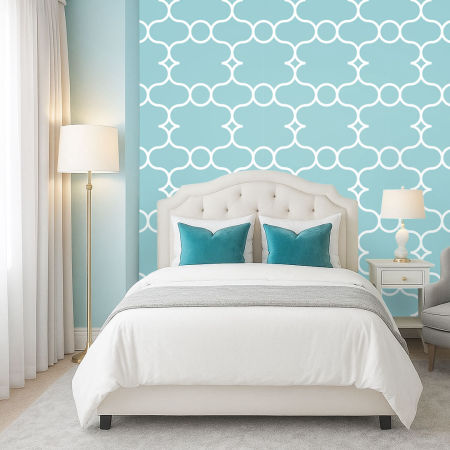 Modrá tapeta s bielym arabským orientálnym vzorom