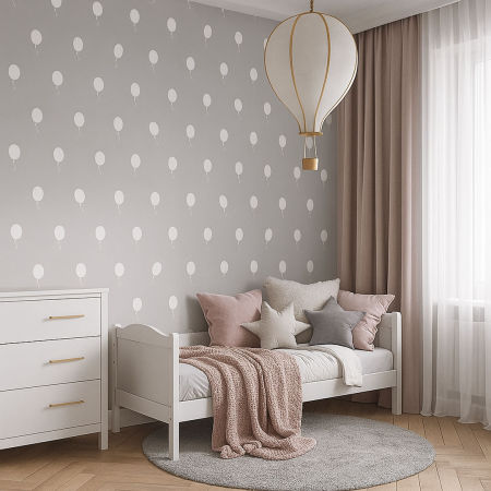 Sivá tapeta s bielymi balónikmi