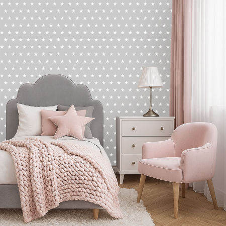 Sivá tapeta s bielymi hviezdičkami 5 cm